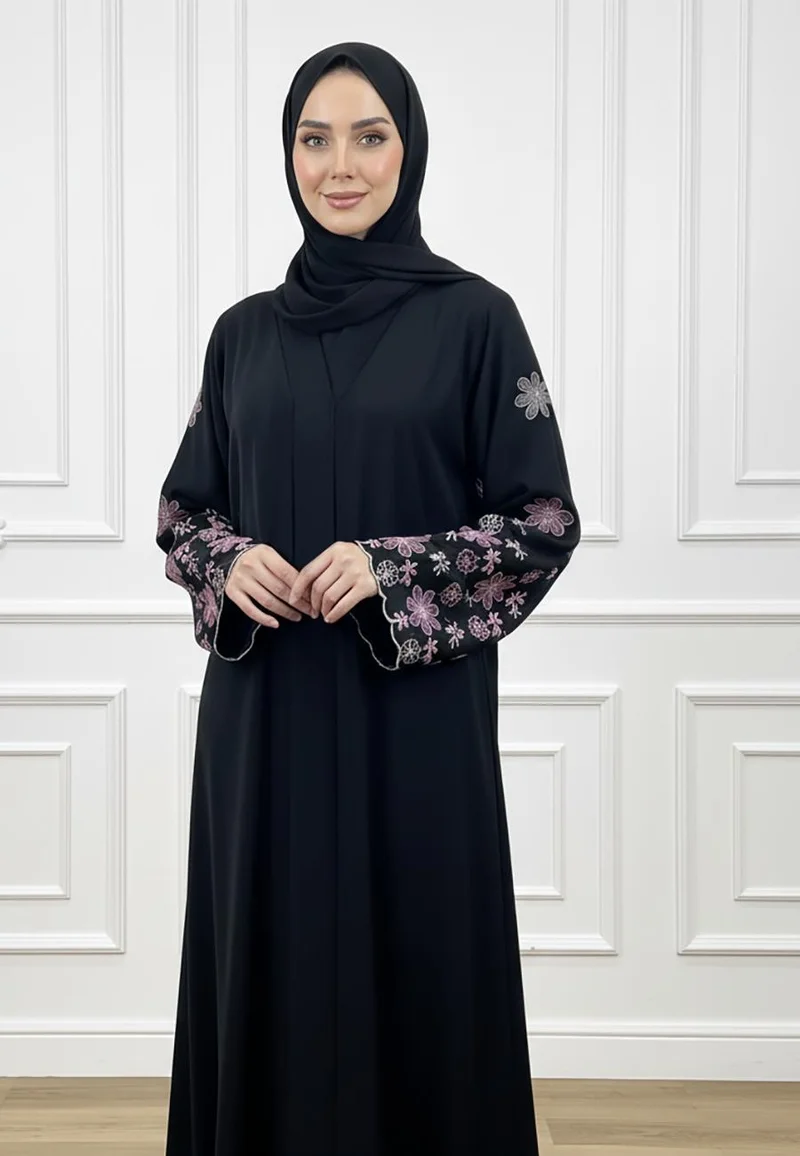 النخبة Amethyst Flora Embroidered Abaya – Scalloped Sleeve Edition-829