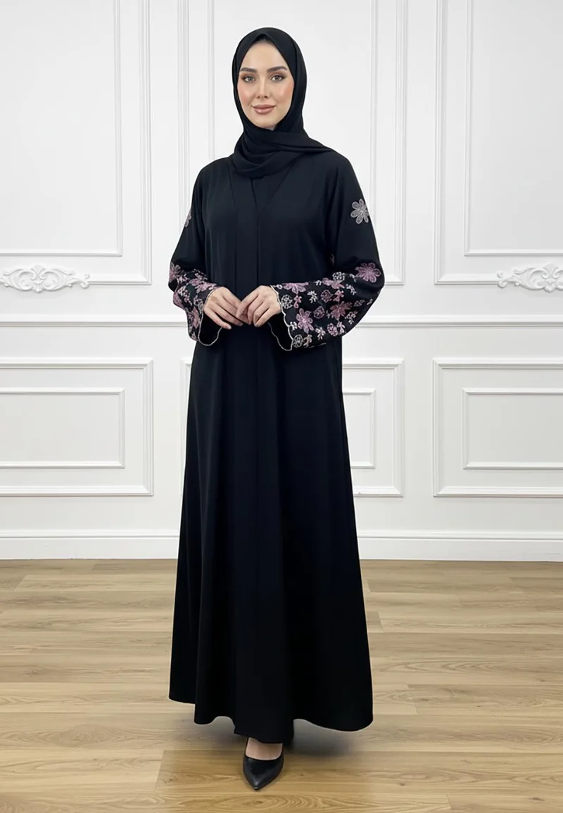 Amethyst Flora Embroidered Abaya – Scalloped Sleeve Edition-829