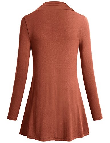 Miusey Long Sleeve Tunic Tops for Women Junior Comfortable Button Cowl Neck Shirt Figure Flattering Fit and Flare Baggy Knit Elastic Pleated Chic Blouses A Line Flowy Hem Tunic Tops Rust XXXL - Image 2