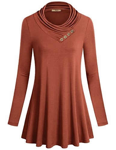 Miusey Long Sleeve Tunic Tops for Women Junior Comfortable Button Cowl Neck Shirt Figure Flattering Fit and Flare Baggy Knit Elastic Pleated Chic Blouses A Line Flowy Hem Tunic Tops Rust XXXL - Image 5