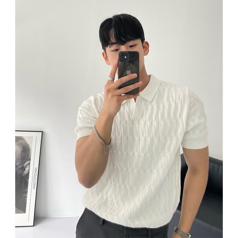 2024 knitted polo shirt mens short-sleeved mens summer lapel light mature style half-sleeved breathable casual youth top White 