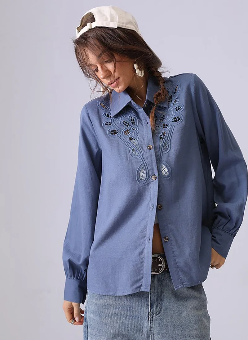 YUNIQEE Blue Spread Collar Regular Sleeves Relaxed Fit Shirt