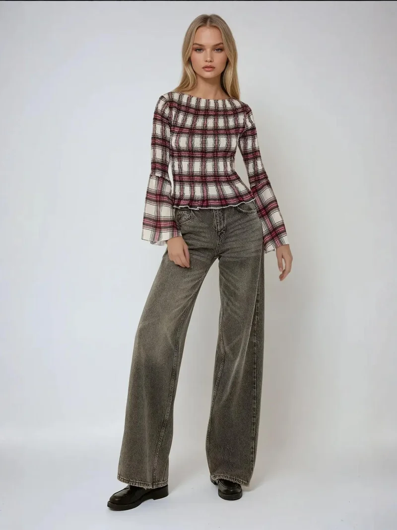 HICCUP Shirred Boat Neck Plaid Top