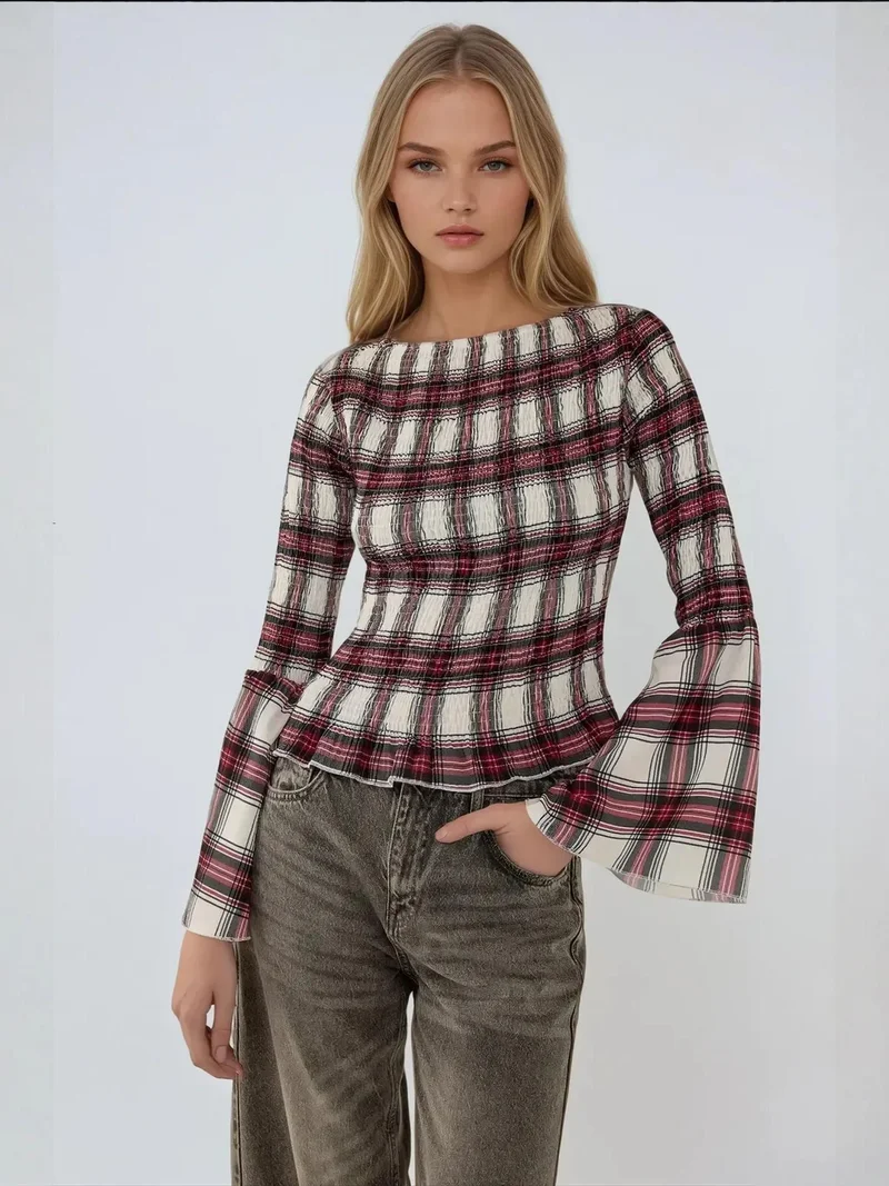 HICCUP Shirred Boat Neck Plaid Top