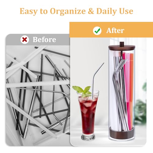 JYPS 13-Inch Acrylic Straw Dispenser with Bamboo Lid with 100 Colorful Straws,Transparent Counter Container Countertop Organizer for Kitchen,Office,Cabinet Storage, Holds Pencils, Cutlery(Dark brown) - Image 4
