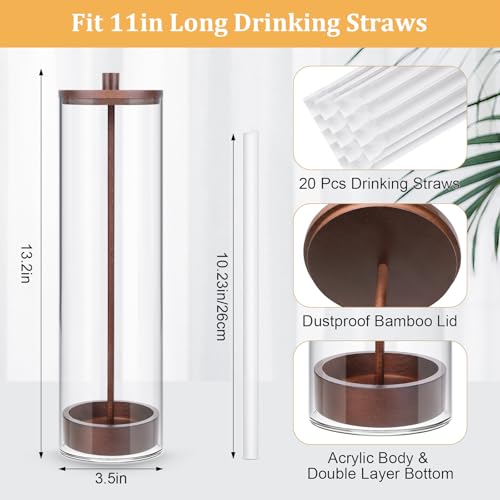 JYPS 13-Inch Acrylic Straw Dispenser with Bamboo Lid with 100 Colorful Straws,Transparent Counter Container Countertop Organizer for Kitchen,Office,Cabinet Storage, Holds Pencils, Cutlery(Dark brown) - Image 2