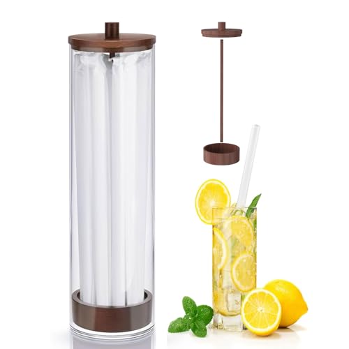 JYPS 13-Inch Acrylic Straw Dispenser with Bamboo Lid with 100 Colorful Straws,Transparent Counter Container Countertop Organizer for Kitchen,Office,Cabinet Storage, Holds Pencils, Cutlery(Dark brown) - Image 1