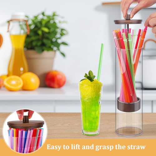 JYPS 13-Inch Acrylic Straw Dispenser with Bamboo Lid with 100 Colorful Straws,Transparent Counter Container Countertop Organizer for Kitchen,Office,Cabinet Storage, Holds Pencils, Cutlery(Dark brown) - Image 3