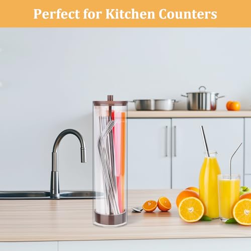 JYPS 13-Inch Acrylic Straw Dispenser with Bamboo Lid with 100 Colorful Straws,Transparent Counter Container Countertop Organizer for Kitchen,Office,Cabinet Storage, Holds Pencils, Cutlery(Dark brown) - Image 5