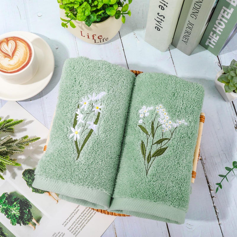FYSUIMU 3Pcs Sage Green Hand Towels 29.5 x 13.7 Inch Gradient Green Floral Embroidered Cotton Bath Towels Greenery Absorbent Bath Towel Bathroom Farmhouse Decor for Hand Drying Cleaning Cooking - Image 4