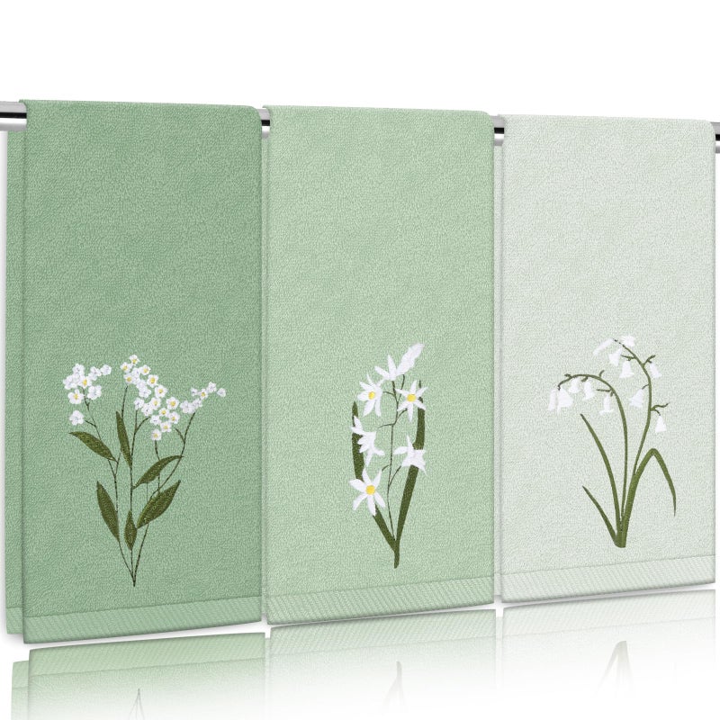 FYSUIMU 3Pcs Sage Green Hand Towels 29.5 x 13.7 Inch Gradient Green Floral Embroidered Cotton Bath Towels Greenery Absorbent Bath Towel Bathroom Farmhouse Decor for Hand Drying Cleaning Cooking - Image 1
