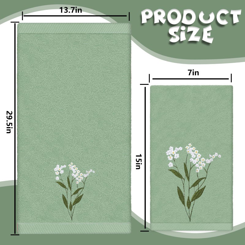 FYSUIMU 3Pcs Sage Green Hand Towels 29.5 x 13.7 Inch Gradient Green Floral Embroidered Cotton Bath Towels Greenery Absorbent Bath Towel Bathroom Farmhouse Decor for Hand Drying Cleaning Cooking - Image 2