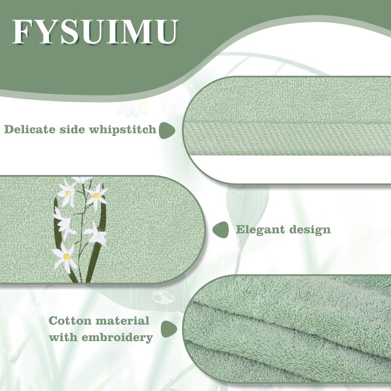 FYSUIMU 3Pcs Sage Green Hand Towels 29.5 x 13.7 Inch Gradient Green Floral Embroidered Cotton Bath Towels Greenery Absorbent Bath Towel Bathroom Farmhouse Decor for Hand Drying Cleaning Cooking - Image 3