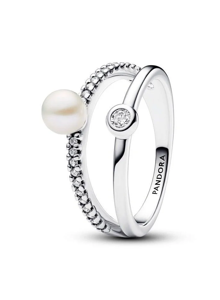 Treated Freshwater Cultured Pearl & Pavé Double Band Ring