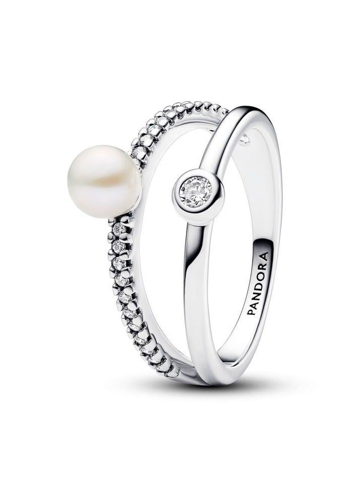 PANDORA Treated Freshwater Cultured Pearl & Pavé Double Band Ring - Image 1
