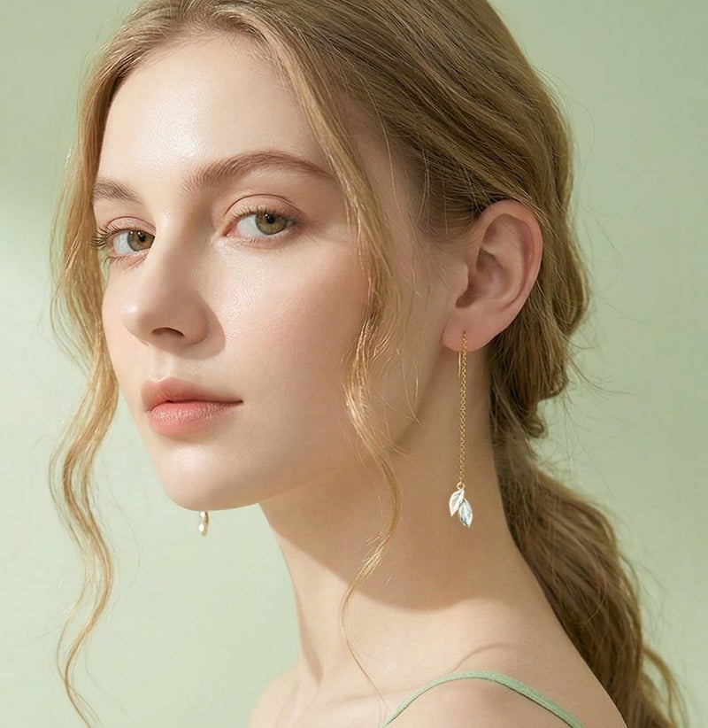 Reffeer Solid 925 Sterling Silver Leaf Chain Dangle Earrings for Women Teen Girls Leaf Dangle Drop Earrings Threader Tassel (B-18K Gold) - Image 3