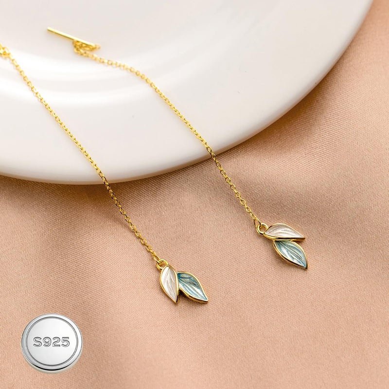 Reffeer Solid 925 Sterling Silver Leaf Chain Dangle Earrings for Women Teen Girls Leaf Dangle Drop Earrings Threader Tassel (B-18K Gold) - Image 4