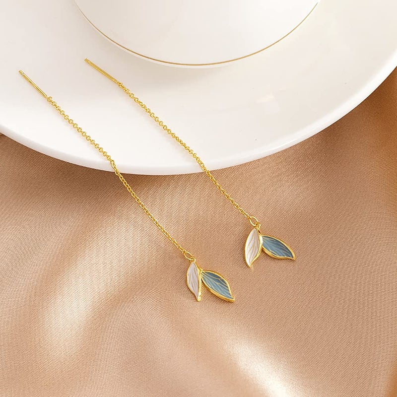 Reffeer Solid 925 Sterling Silver Leaf Chain Dangle Earrings for Women Teen Girls Leaf Dangle Drop Earrings Threader Tassel (B-18K Gold) - Image 5