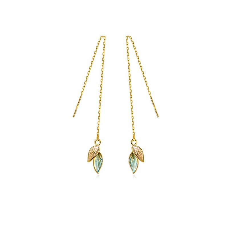 Reffeer Solid 925 Sterling Silver Leaf Chain Dangle Earrings for Women Teen Girls Leaf Dangle Drop Earrings Threader Tassel (B-18K Gold) - Image 1