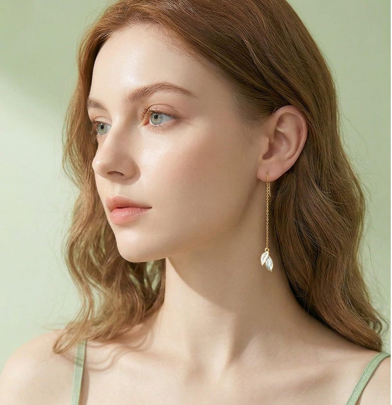 Reffeer Solid 925 Sterling Silver Leaf Chain Dangle Earrings for Women Teen Girls Leaf Dangle Drop Earrings Threader Tassel (B-18K Gold) - Image 2