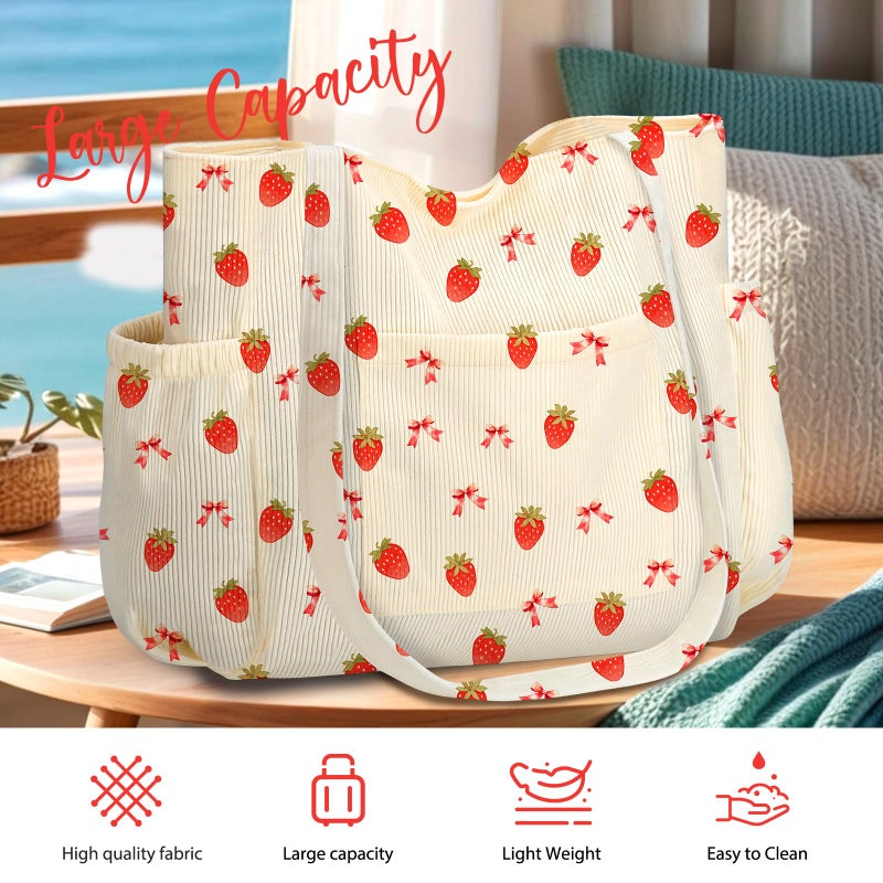 Hatisan Corduroy Tote Bag for Women, Large Capacity Cute Tote Bags With 6 Pockets, Laptop Tote Bag Crossbody Shoulder Handbag Teacher Nurse Bags for Work Travel Gym(Strawberry-A) - Image 4