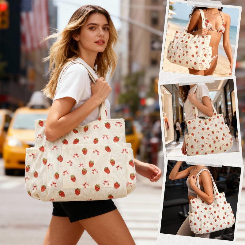 Hatisan Corduroy Tote Bag for Women, Large Capacity Cute Tote Bags With 6 Pockets, Laptop Tote Bag Crossbody Shoulder Handbag Teacher Nurse Bags for Work Travel Gym(Strawberry-A) - Image 2