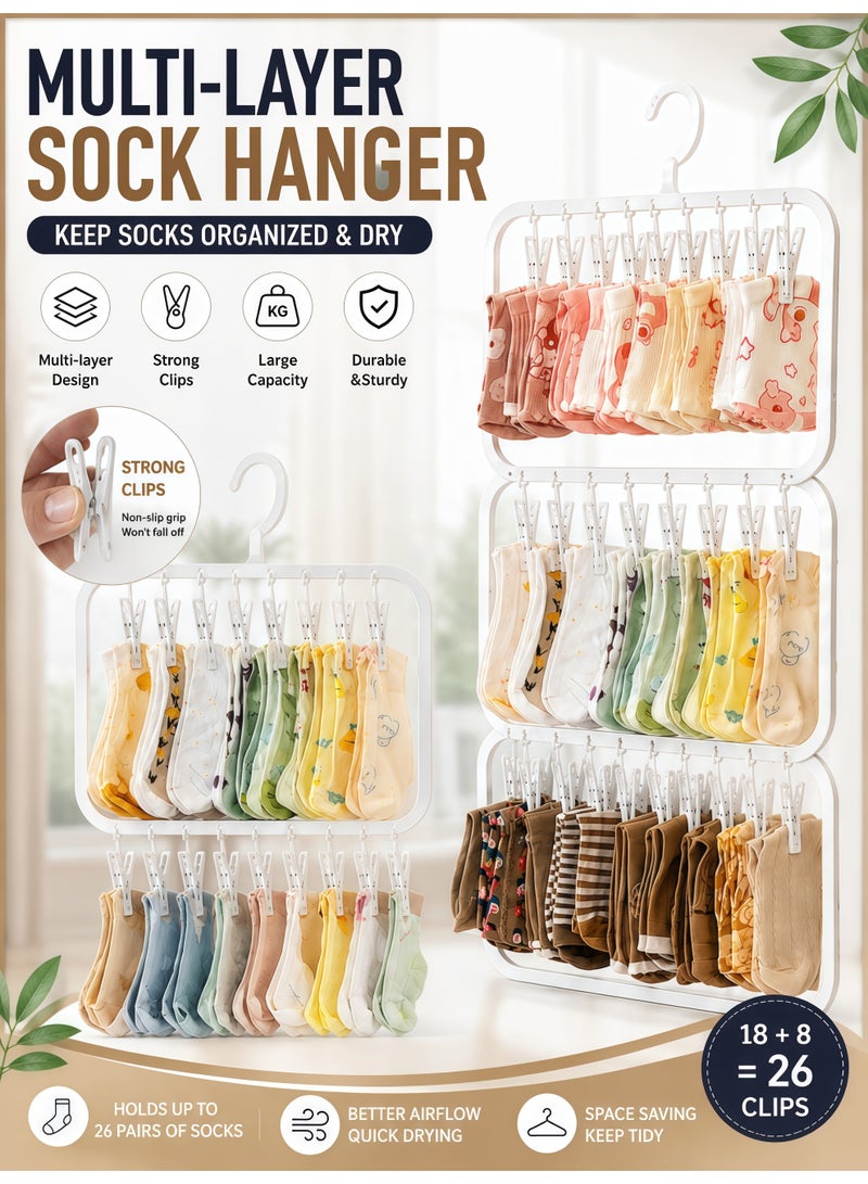2-Pack Sock Drying Rack with 26 Strong Clips | Space Saving Foldable Laundry Hanger | 360° Rotating Heavy Duty Clothes Airer for Socks, Underwear, Baby Clothes, Towels & Shoe Insoles | Indoor & Outdoor - Image 1