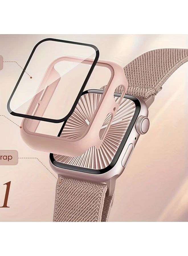 Replacement Nylon Sports Watchband and Case Set for Apple Watch 44mm Starlight Protective Shatterproof Tempered Glass Cover Breathable Soft Elastic - Image 4