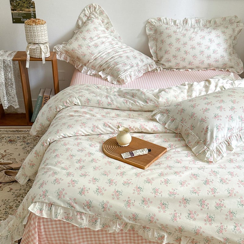 mixinni Pink Floral Duvet Cover Set Full Size - 100% Cotton Ruffle Lace Bedding Set for Girls, Romantic Cottagecore Style Duvet Cover with Zipper Closure, Soft Aesthetic Princess Bedding-Full - Image 5