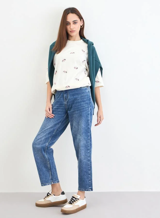 Styli Cream Embroidered Sequined Oversized T-Shirt