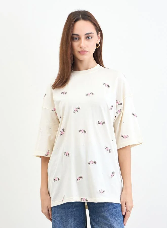 Styli Cream Embroidered Sequined Oversized T-Shirt