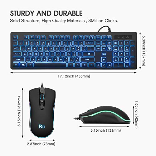 Rii Three Colors Backlit Keyboard and Mouse, Wired Keyboard and Mouse Combo, USB Keyboard and Mouse Set,Quiet Input Gaming Keyboard,Optical RGB Mouse for School,Office,Business and Gaming - Image 2