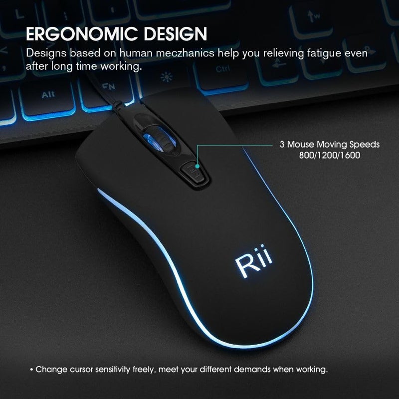 Rii Three Colors Backlit Keyboard and Mouse, Wired Keyboard and Mouse Combo, USB Keyboard and Mouse Set,Quiet Input Gaming Keyboard,Optical RGB Mouse for School,Office,Business and Gaming - Image 3