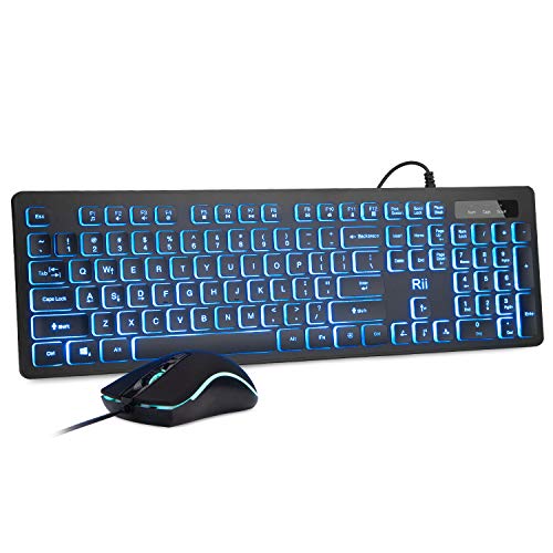 Rii Three Colors Backlit Keyboard and Mouse, Wired Keyboard and Mouse Combo, USB Keyboard and Mouse Set,Quiet Input Gaming Keyboard,Optical RGB Mouse for School,Office,Business and Gaming - Image 1