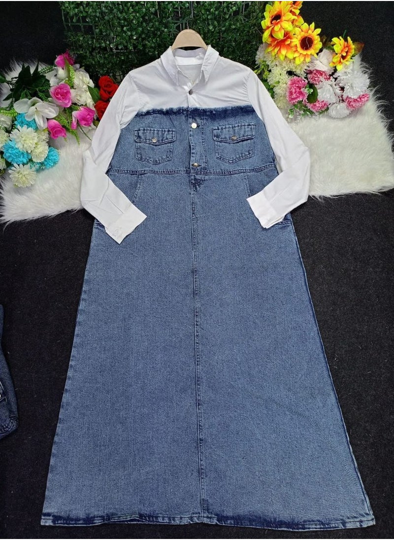 Generic White denim dress with a belt at the waist. One size fits 70 to 95 kg.  - Image 1