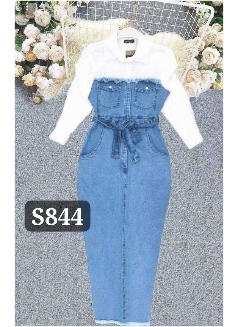 Generic White denim dress with a belt at the waist. One size fits 70 to 95 kg.  - Image 2