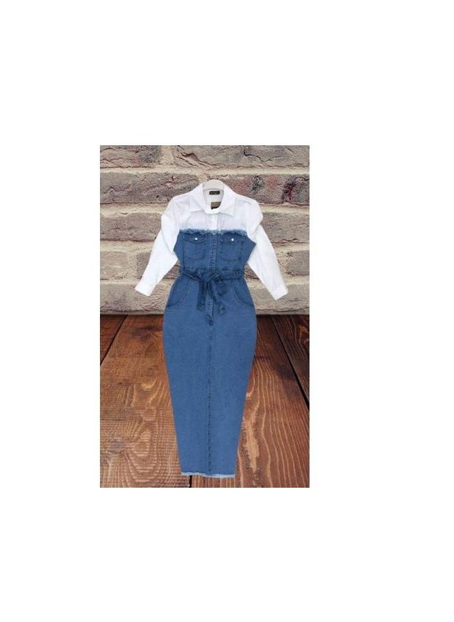 Generic White denim dress with a belt at the waist. One size fits 70 to 95 kg.  - Image 3