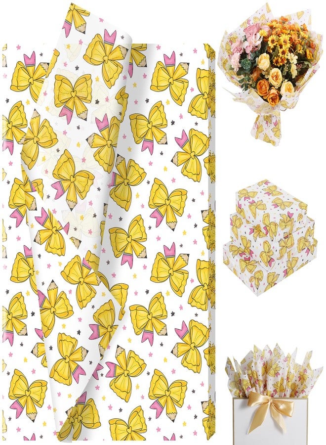 Fabllewavi 100 Sheets Bow and Pencil Tissue Paper, Coquette Pencil Ribbon Patterns Wrapping Paper for Back to School DIY Crafts Graduation Party Supplies, 13.8 x 19.7 Inch - Image 1