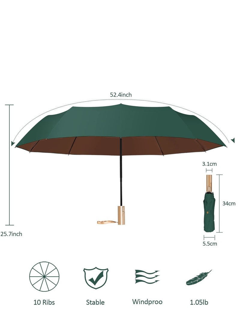 Windproof Travel Umbrella Wind Resistant Small Compact Light Automatic Strong Steel Shaft Mini Folding and Portable Backpack Car Purse Umbrellas for Men and Women Green - Image 2