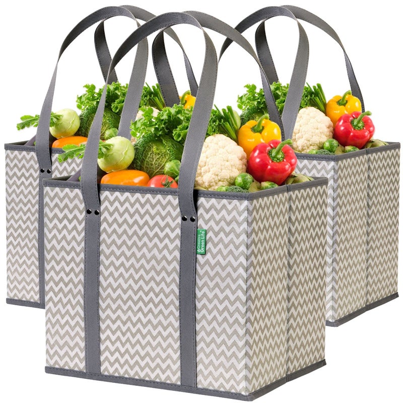 Creative Green Life Reusable Grocery Bags (3 Pack) â€“ Heavy Duty Reusable Shopping Bags with Box Shape to Stand Up and Stay Open â€“ Large Tote Bags with Long Handles & Reinforced Bottom â€“ Foldable Utility Bag â€“ Chevron - Image 1