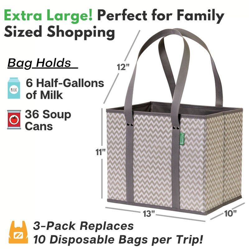 Creative Green Life Reusable Grocery Bags (3 Pack) â€“ Heavy Duty Reusable Shopping Bags with Box Shape to Stand Up and Stay Open â€“ Large Tote Bags with Long Handles & Reinforced Bottom â€“ Foldable Utility Bag â€“ Chevron - Image 5