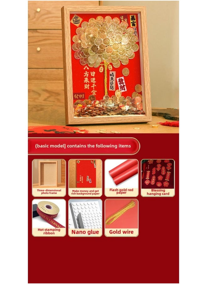 Generic Ge Qiang Fortune Tree Diy Photo Frame 50 Cents Coin Decoration Move Opening Wedding Year Gift Ornaments Material Bag-Color:A4 Hanging + Gift Recommendation [color Paper + Ribbon + Hanging Card + Gift Box] - Standard Model: Bring Your Own Coins (rich And Rich Background + Photo Frame + Tree Trunk + Nano Dots  - Image 1