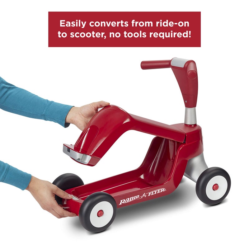 Radio Flyer راديو فلاير سكووت 2 رايد-أون ينمو مع طفلك، يتحول من زلاجة جلوس للأطفال إلى سكوتر وقوف للأعمار من 1 إلى 4، تصميم بأربع عجلات، أحمر كلاسيكي، متعة داخلية وخارجية - Image 3