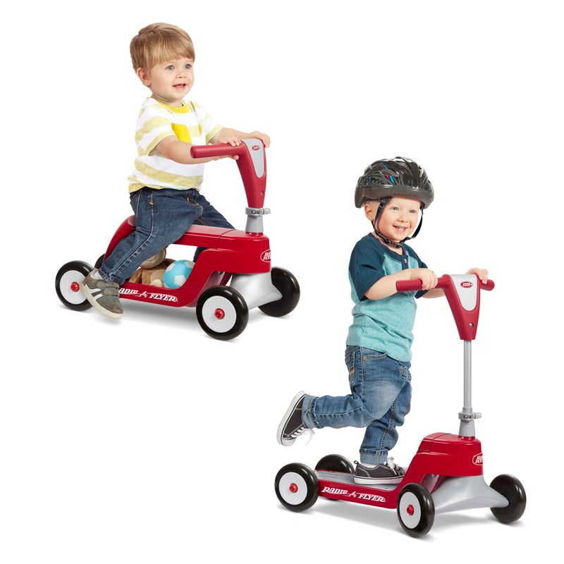 Radio Flyer راديو فلاير سكووت 2 رايد-أون ينمو مع طفلك، يتحول من زلاجة جلوس للأطفال إلى سكوتر وقوف للأعمار من 1 إلى 4، تصميم بأربع عجلات، أحمر كلاسيكي، متعة داخلية وخارجية - Image 1