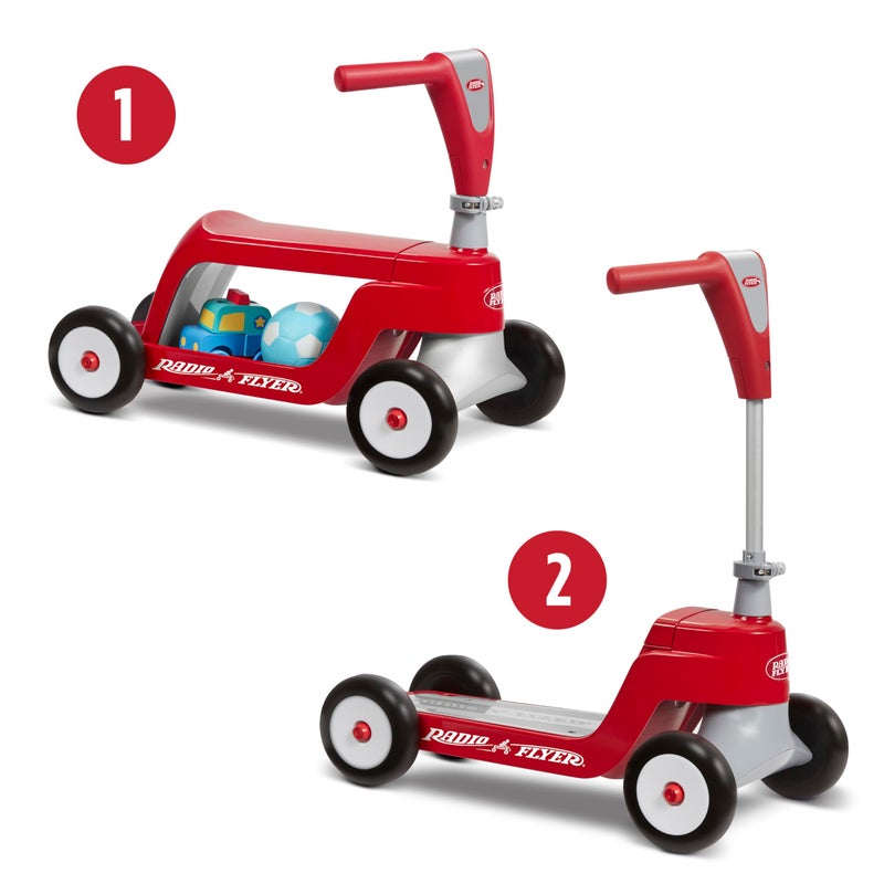 Radio Flyer راديو فلاير سكووت 2 رايد-أون ينمو مع طفلك، يتحول من زلاجة جلوس للأطفال إلى سكوتر وقوف للأعمار من 1 إلى 4، تصميم بأربع عجلات، أحمر كلاسيكي، متعة داخلية وخارجية - Image 4