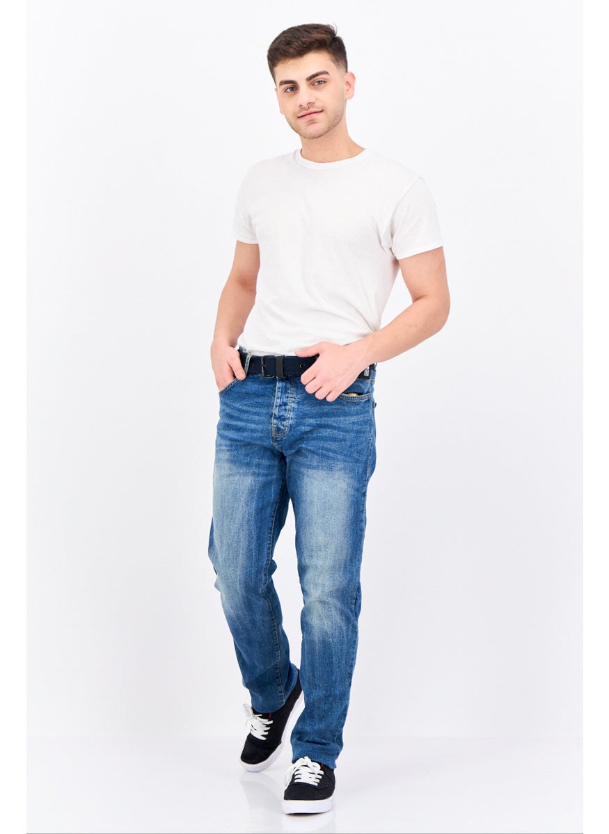 CROSSHATCH Men Regular Fit Washed Belted Stretchable Jeans, Blue  - Image 4