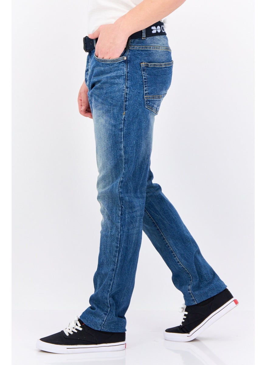 CROSSHATCH Men Regular Fit Washed Belted Stretchable Jeans, Blue  - Image 2