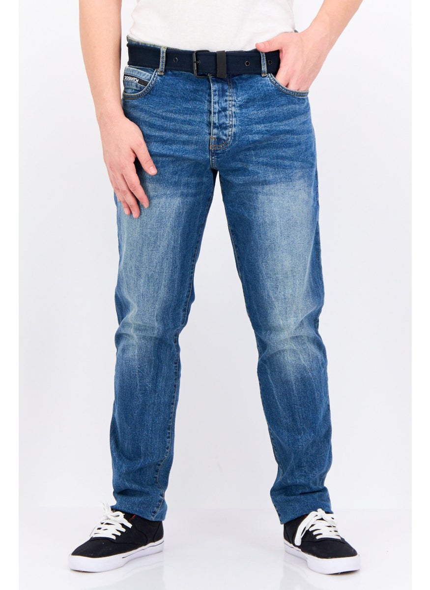 CROSSHATCH Men Regular Fit Washed Belted Stretchable Jeans, Blue  - Image 1