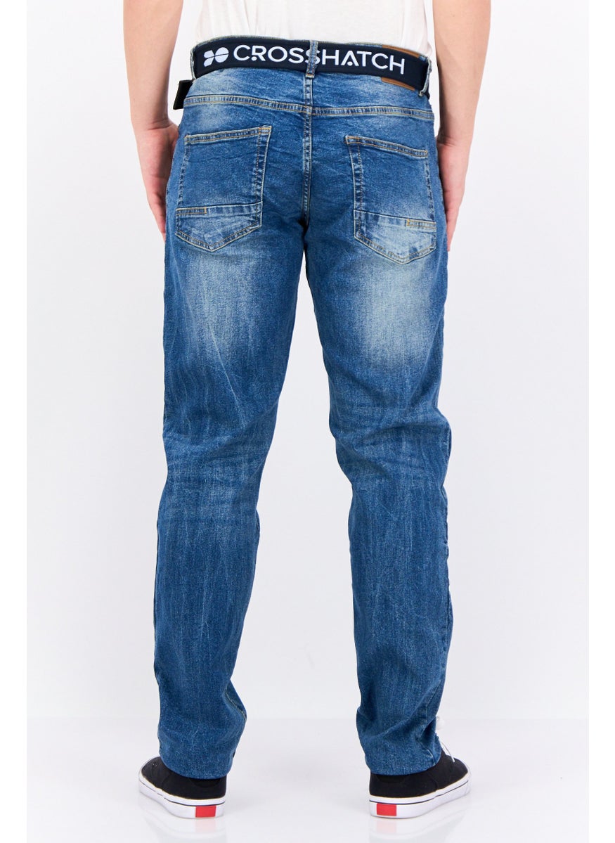 CROSSHATCH Men Regular Fit Washed Belted Stretchable Jeans, Blue  - Image 3