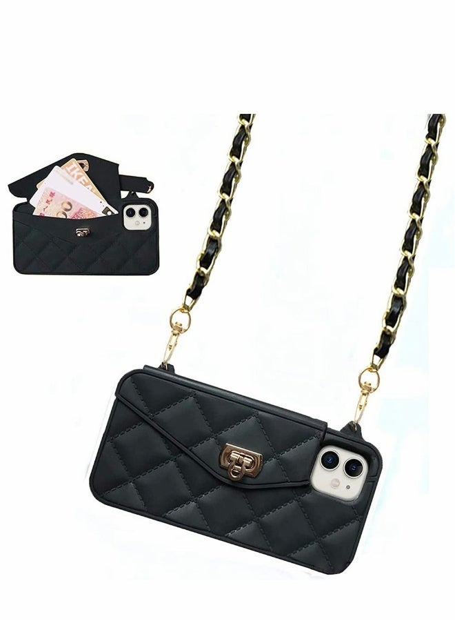 Phone Wallet Case Compatible for iPhone 12 Pro Max Light Luxury Bag Design Purse Flip Card Pouch Cover Soft Silicone with Handstrap Long Shoulder Strap Black  - Image 1